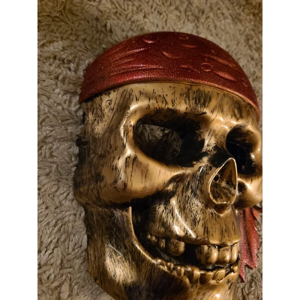 Caribbean Pirate Skull Halloween Mask Costume Accessory Red Bandana Gold Plastic